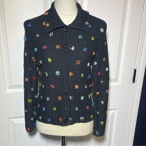 Talbot Petites Black Collared Button Down Sweater Colorful Yarn Square Pattern